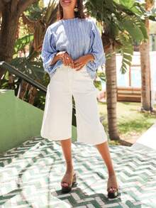 Blusa casual y holgada de mujer con rayas, camisa de lino con cuello barco y mangas 3/4 abullonadas, adecuada para usar en vacaciones de verano - Azul - Ver 12