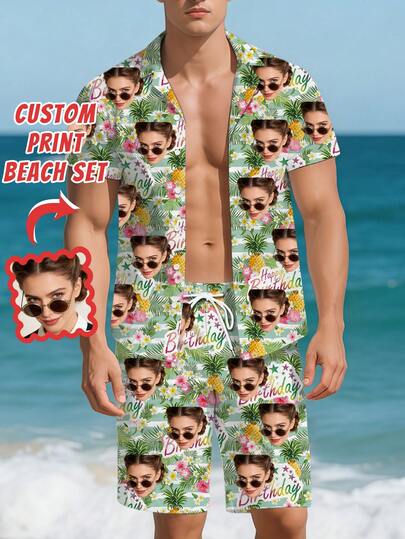 Bộ quần áo nam kiểu Hawaii theo yêu cầu, gồm quần short và áo sơ mi, có thể in hình chân dung cá nhân, thích hợp làm quà tặng kỷ niệm, sinh nhật hoặc ngày lễ cho bạn trai, bạn bè hoặc con cái.