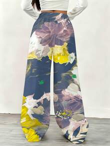 Floral Print Wide Leg Sweatpants With Drawstring Waistband Suitable For Casual And Sports Activities - trắng - Xem 2