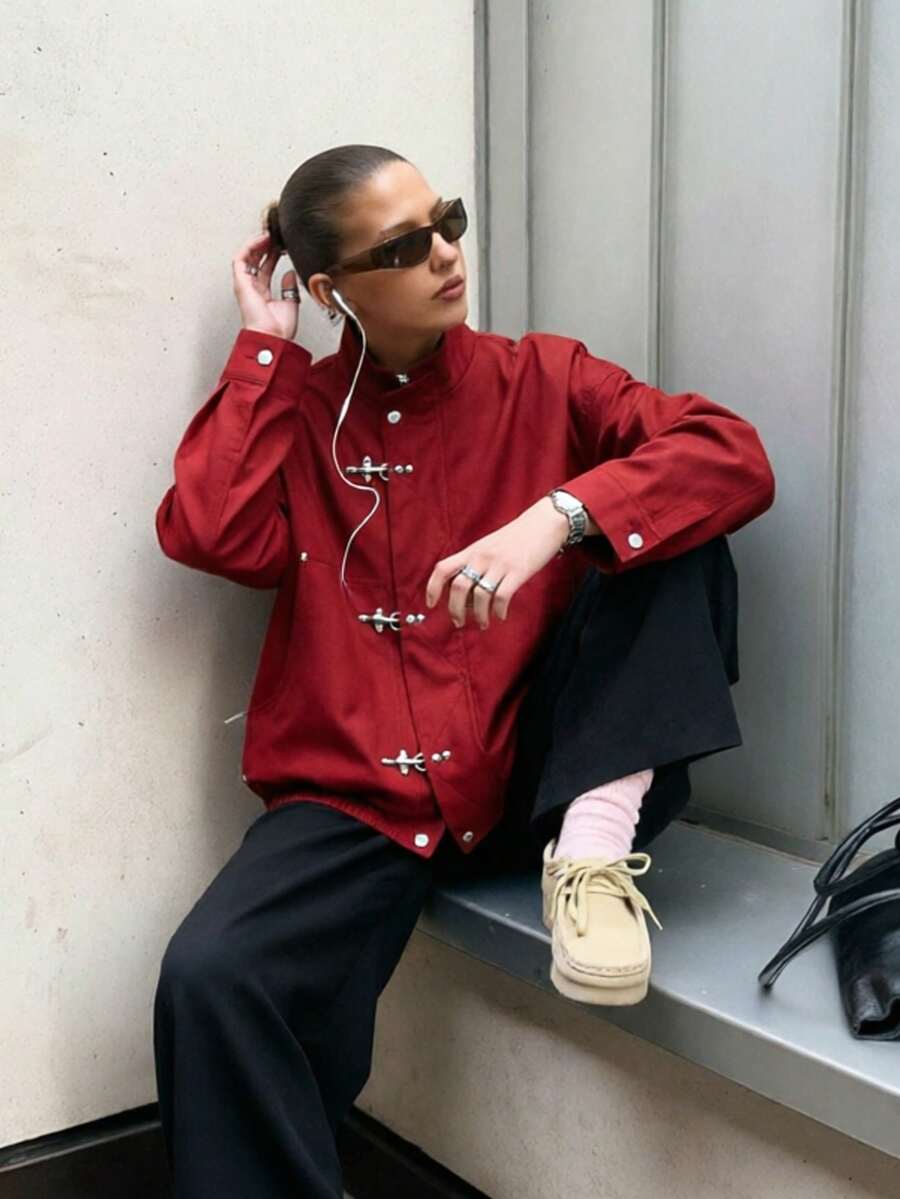 女款街頭風紅色拉鍊飛行夾克外套 外出穿搭秋季大尺寸機車夾克 - 紅色 - 查看 1
