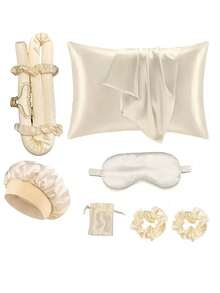 10件組睡眠美髮造型工具套組,含捲髮棒、1件絲綢枕套(護髮護膚,Queen Size)、無熱捲髮套組、隔夜捲髮棒、1件柔軟睡眠眼罩、1件絲綢睡眠帽,睡眠必需品套組 - 米色 - 查看 2