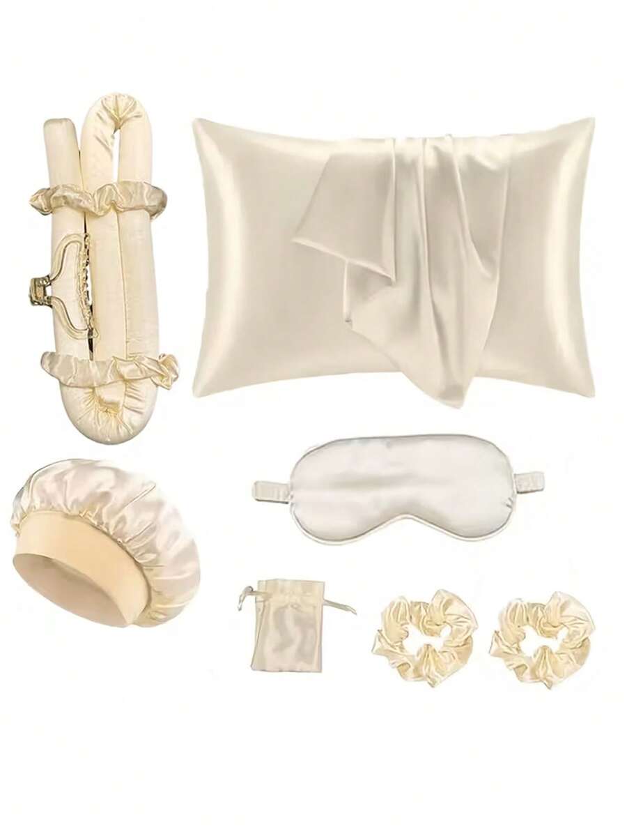 10件組睡眠美髮造型工具套組，含捲髮棒、1件絲綢枕套（護髮護膚，Queen Size）、無熱捲髮套組、隔夜捲髮棒、1件柔軟睡眠眼罩、1件絲綢睡眠帽，睡眠必需品套組
