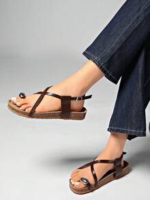 Sandal đế bằng quai kim loại trang trí mới mùa hè dành cho nữ - màu nâu - Xem 8