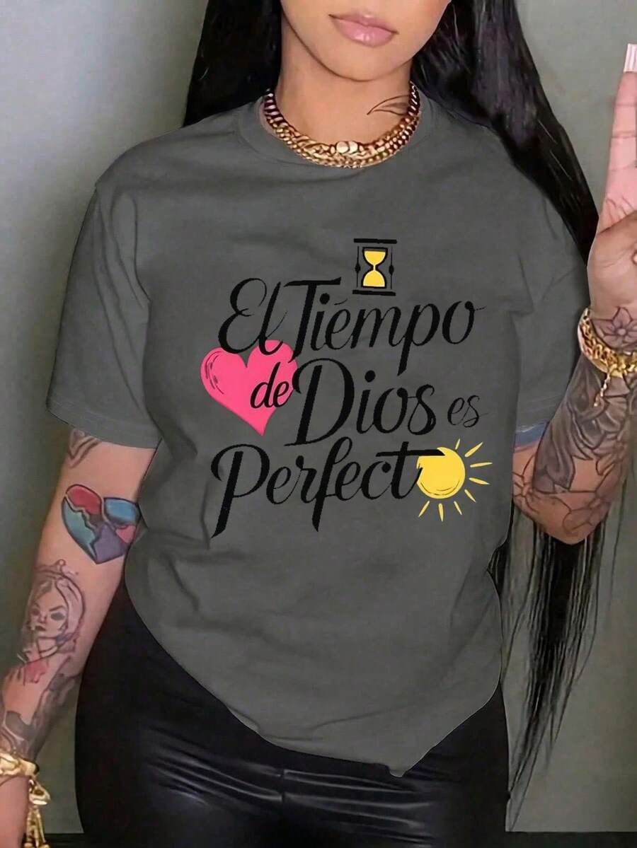 Short-Sleeved T-Shirt For Spring/Summer 2026, Made In Mexico, 180 Grams. Cartoon Print, Couple Design, Suitable For Indoor Or Outdoor Wear. Crew Neck, Unisex, Ideal For Office And Leisure. One-Pack - 深灰色 - 查看 1