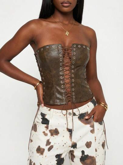 Blazique Y2K Brown Faux Leather Lace-Up Cropped Bustier Top, Hollow Arc Hem, Metal Grommet Decor, Fitted Midriff-Baring Shirt, Suitable For Nightclub, Music Festival, Concert, Rave Party, Halloween, Date Night Casual Summer