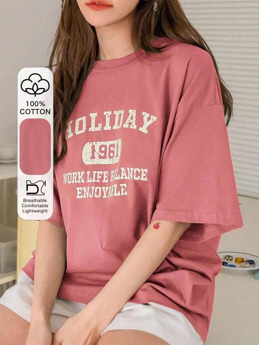Camiseta de verano oversize con gráfico de letras y hombros caídos - Rosa - Ver 1