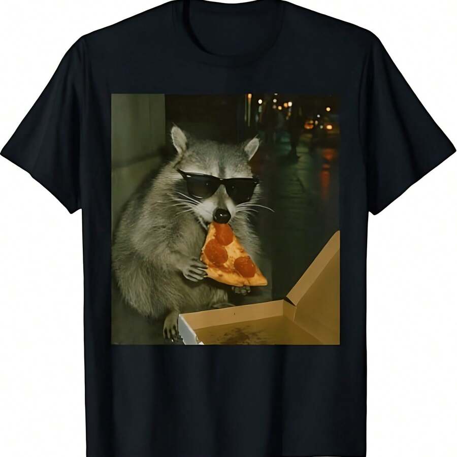 Funny Raccoon Eating Pizza Animal Meme T-Shirt - Black - View 1