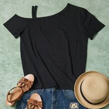 Casual Solid Color Asymmetric Collar Batwing Sleeve T-Shirt Sports - Black - View 2