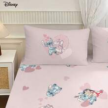 Disney 3Pcs Sweet Lilo Stitch Angel Heart Print Fitted Sheet And 2 Pillowcases Lovely Pink Romantic Room Bedding Collection - Fitted Sheet Set - View 2