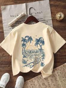 Tween Boy Palm Tree Print T-Shirt, Soft And Comfortable Fabric, Suitable For Boys Outdoor Sports, Casual Wear, Street Style, Campus Style, Fashionable Tween Boys Spring/Summer Casual Versatile Top - Apricot - View 5