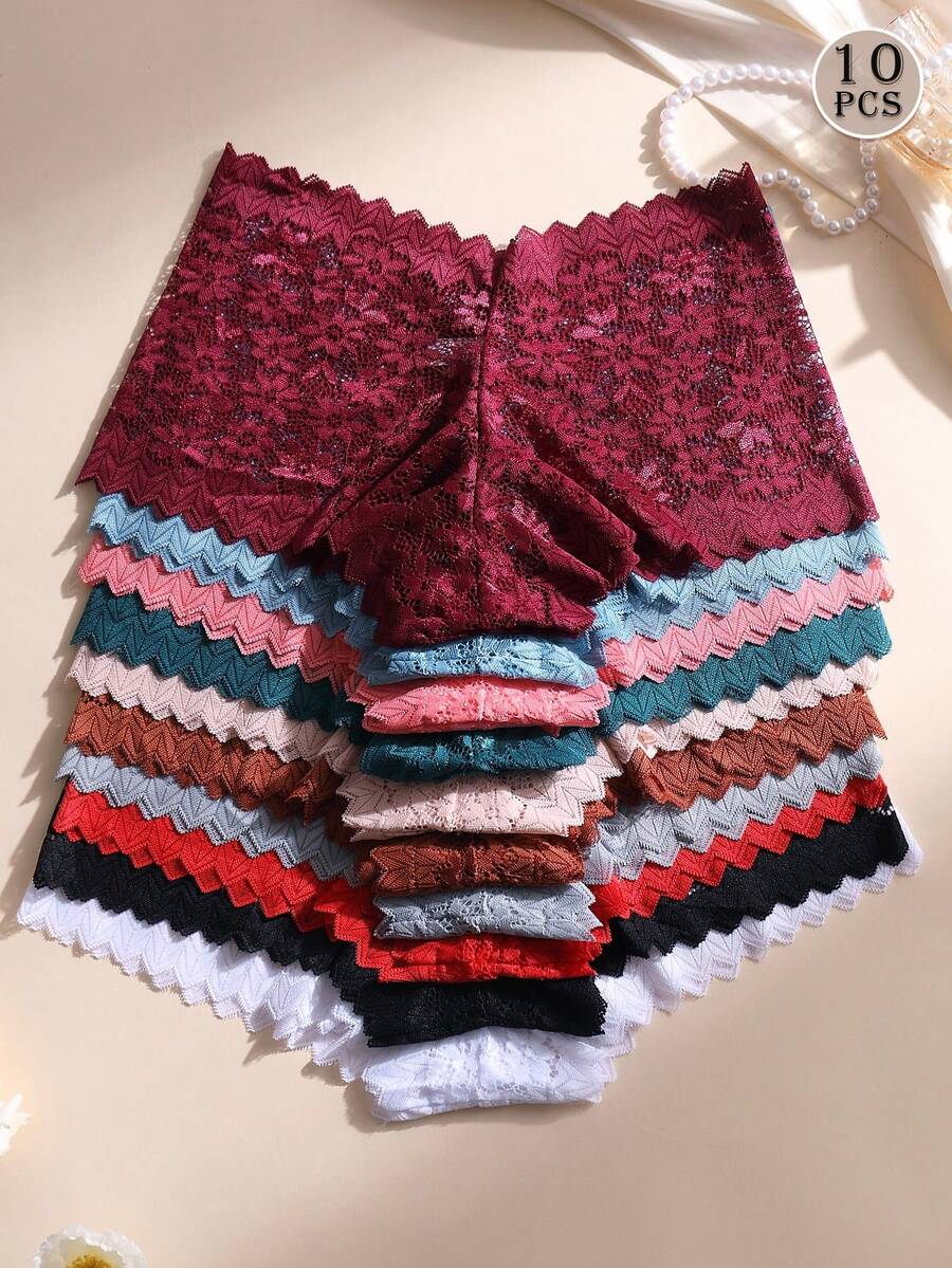 10件組女款性感蕾絲拼接中腰無痕內褲，舒適三角內褲，收腹提臀，彈性內衣，適合日常穿著與運動瑜珈