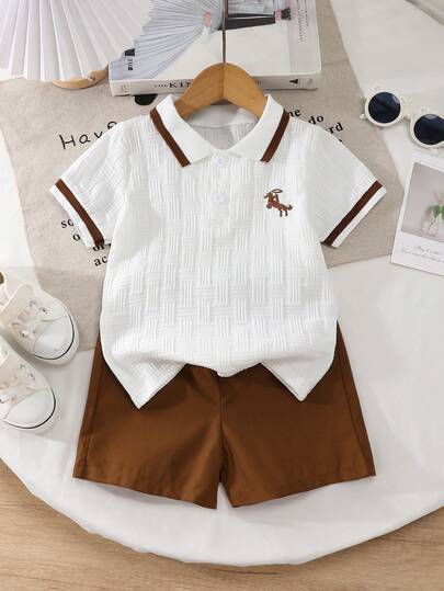 Set de 2 piezas de camiseta polo de manga corta con bordado de poni lindo para niño pequeño y pantalones cortos casuales de verano