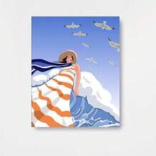 1 póster sin marco de arte costero francés - Estilo vertical Riviera Francesa con mujer en traje rayado y gaviotas, lona decorativa náutica turquesa/blanca/beige para dormitorio o baño – Decoración retro mediterránea - Enmarcado - Ver 1
