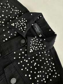 pthirillo Women's Black Denim Jacket Maxi Oversized Denim Black Cotton Long Sleeve Premium Street Style Retro Casual Loose Fit With Pockets Cowboy Style Show Pearls | Basic - 珍珠和水鑽 - 查看 6