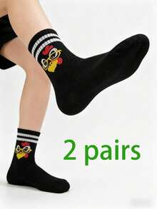 1/2 Pairs Cartoon Chick Print Striped Mid-Calf Socks, Unisex Breathable Comfortable Athletic Socks, Cute Chick Design, Black & White Stripes, Versatile For Students And Couples - Multicolor - View 10