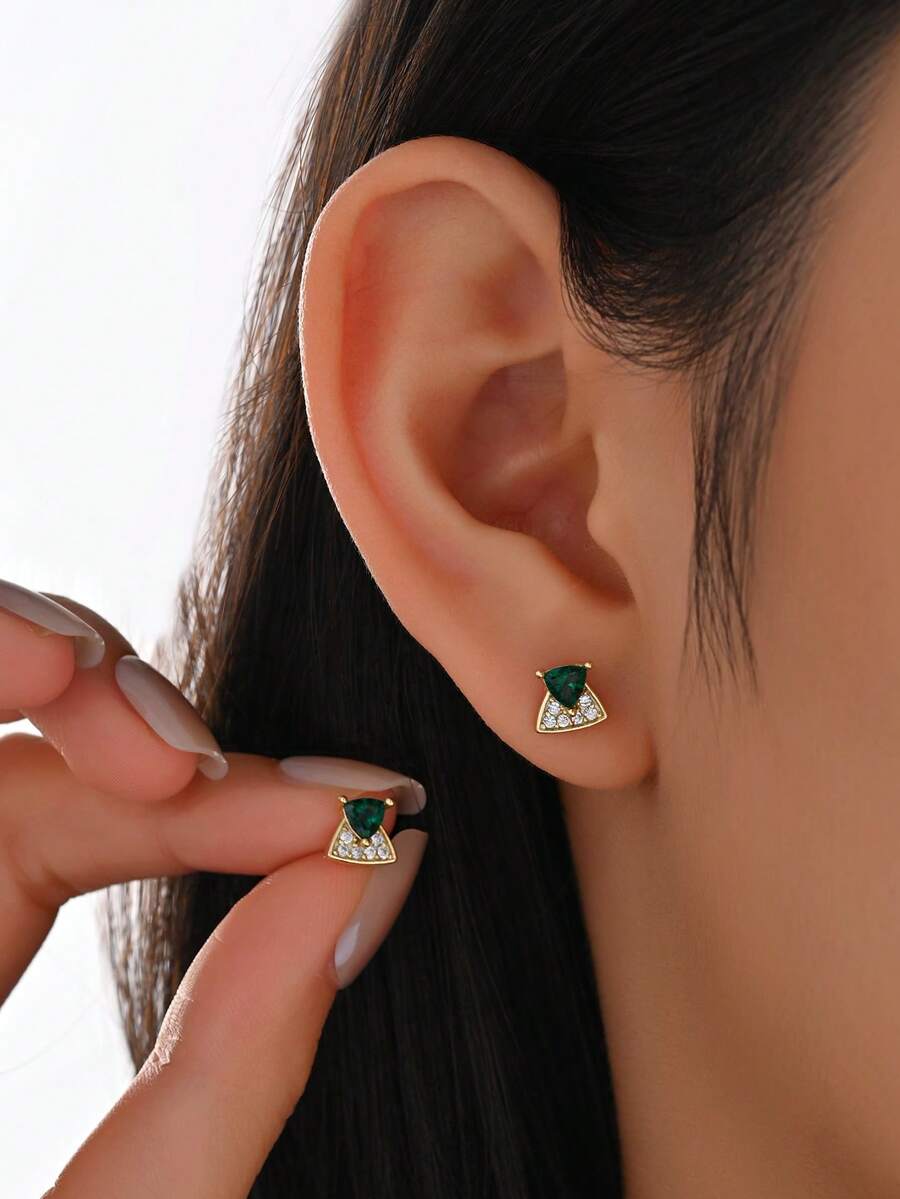 1 Đôi bông tai hình tam giác đính đá Emerald bằng bạc Sterling S925, thiết kế sang trọng dành cho nữ - tam giác - Xem 1