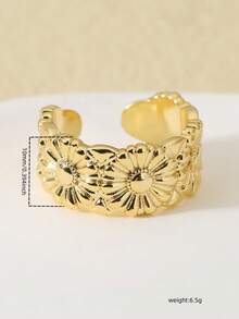1pc Gold Plated Open Ring, Adjustable Statement Ring With Croissant, Flower, Bow, Pearl & Irregular Textured Designs For Women Daily & Party Wear - Gold - View 3