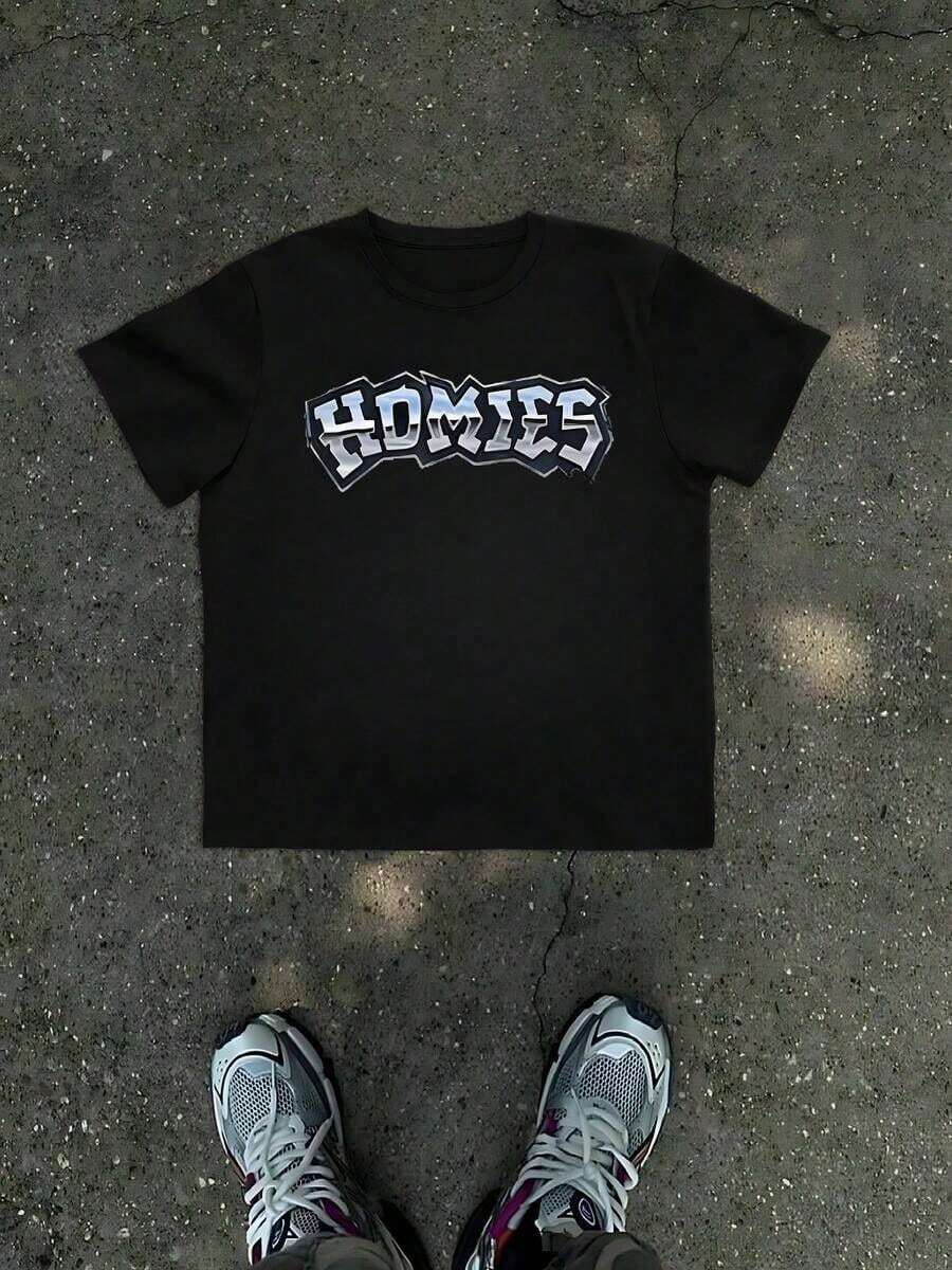 2026 Graphic Tees1Pcs Homies Graphic Print Men's T Shirt Casual Streetwear 100% Cotton TShirt Men's Summer Simple Tee Gift For Men, Gangster Style Urban Top, Fashionable Hip Hop Short Sleeve Crew Neck Black Teeshirts Graphicshirts Graphic - 黑色 - 查看 1
