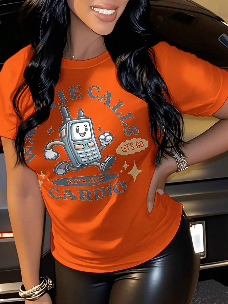 Retro Cartoon Telephone Print Round-Neck T-Shirt, A Summer Essential, New Spring-Summer Women's Round-Neck T-Shirt, Comfortable Top, Perfect For Summer Wear, Machine Washable, Summer Item, Vibrant Orange, Stylish And Unique, Versatile And Age-Reducing, Suitable For Both Home And Travel, At The Forefront Of , Making You The Center Of Attention, The First Choice For Dates And Shopping, Skin-Friendly And Breathable, Accentuating Your Figure. - 橘色 - 查看 1
