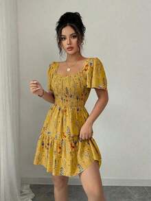 Vestido corto de verano para mujer con cuello cuadrado, mangas acampanadas y volantes en el bajo - Mostaza Amarilla - Ver 4