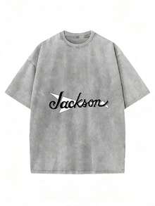 RODSKY Men's Jackson Guitar Graphic T-Shirt - 100% Cotton Bold Music Tee With Iconic Band Lettering & Logo, Lightweight Breathable Short Sleeve Shirt For Casual Wear & Music Lovers, All-Season Comfort, Machine Washable (Ideal Gift For Fans) - Black With White Design, Round Neck, Regular Fit, Geometric Print, Suitable For Adults, -Inspired Casual Attire With Iconic Jackson Brand Logo JXWQ - 灰色 - 查看 1
