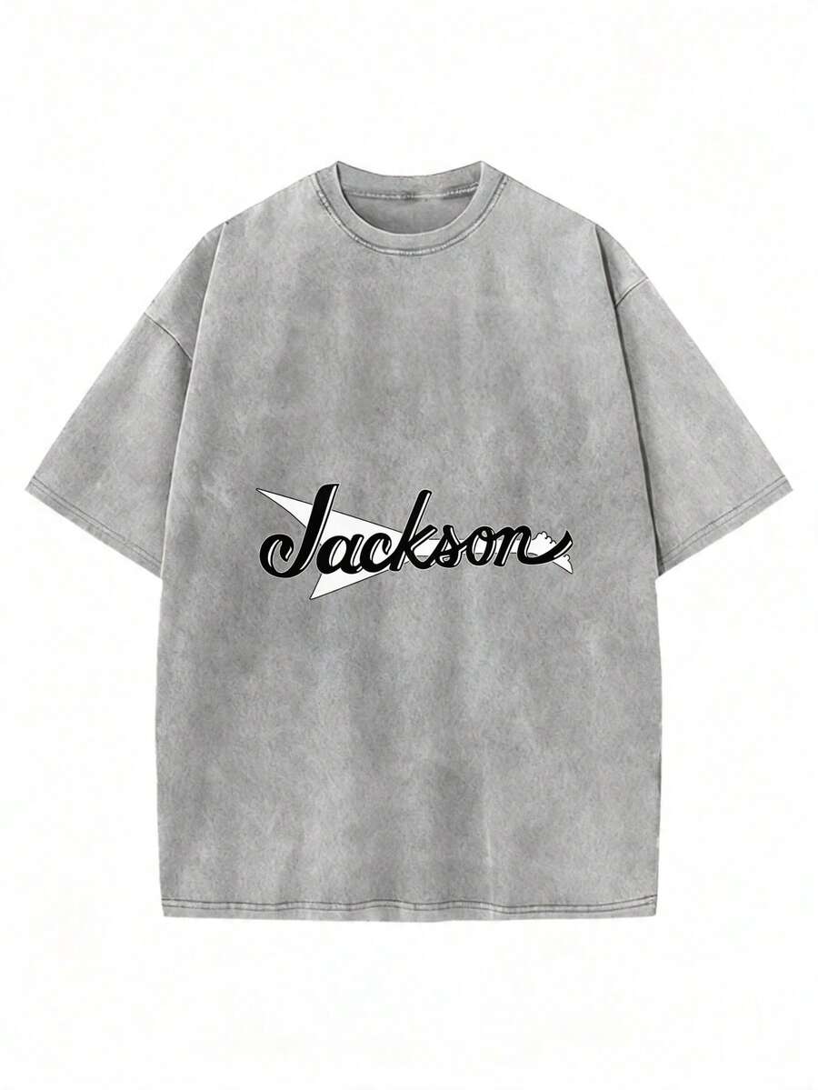 RODSKY Men's Jackson Guitar Graphic T-Shirt - 100% Cotton Bold Music Tee With Iconic Band Lettering & Logo, Lightweight Breathable Short Sleeve Shirt For Casual Wear & Music Lovers, All-Season Comfort, Machine Washable (Ideal Gift For Fans) - Black With White Design, Round Neck, Regular Fit, Geometric Print, Suitable For Adults, -Inspired Casual Attire With Iconic Jackson Brand Logo JXWQ - 灰色 - 查看 1