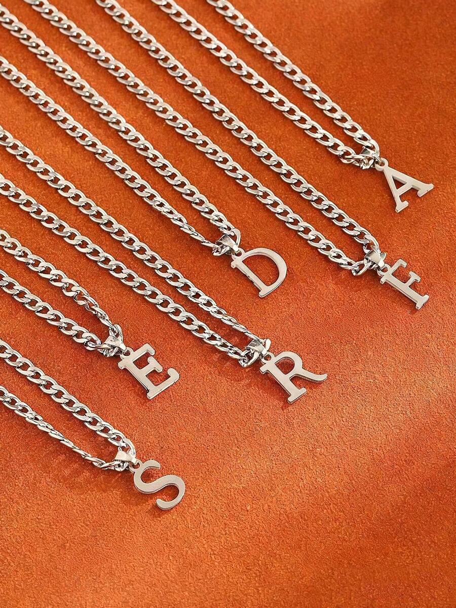 1 chiếc mặt dây chuyền chữ cái tiếng Anh bằng thép không gỉ, kiểu Cuban, gồm 26 chữ cái từ A đến Z, có thể cá nhân hóa, phù hợp cho nam giới đeo hàng ngày hoặc làm quà tặng. - Thép - Xem 1