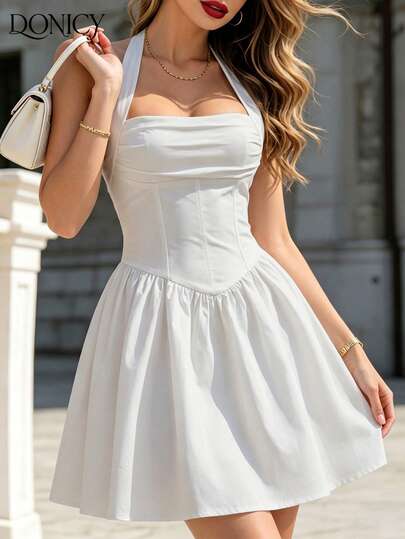 DONICY Elegant White Backless Mini Dress, Vintage Fitted Bustier, Pleated Collar And Bow Backless Design, Sexy Backless Party Dress
