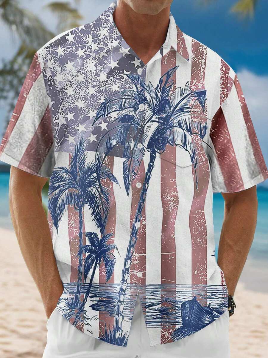 7月4日美国国旗和棕榈树印花男式短袖夏威夷衬衫