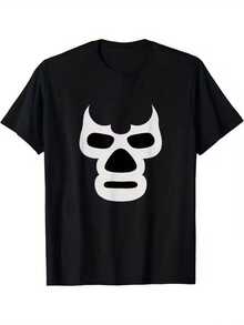 Camiseta de algodón% para hombre y mujer con estampado deáscara de lucha libre - Diseño de luchador estilo mexicano en blanco y negro, cuello redondo informal, adecuada para fiestas de disfraces, uso diario, regalos de cumpleaños y días festivos. - Negro - Ver 1