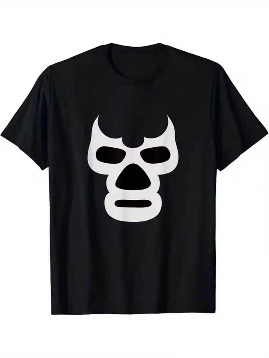 Camiseta de algodón% para hombre y mujer con estampado deáscara de lucha libre - Diseño de luchador estilo mexicano en blanco y negro, cuello redondo informal, adecuada para fiestas de disfraces, uso diario, regalos de cumpleaños y días festivos. - Negro - Ver 1
