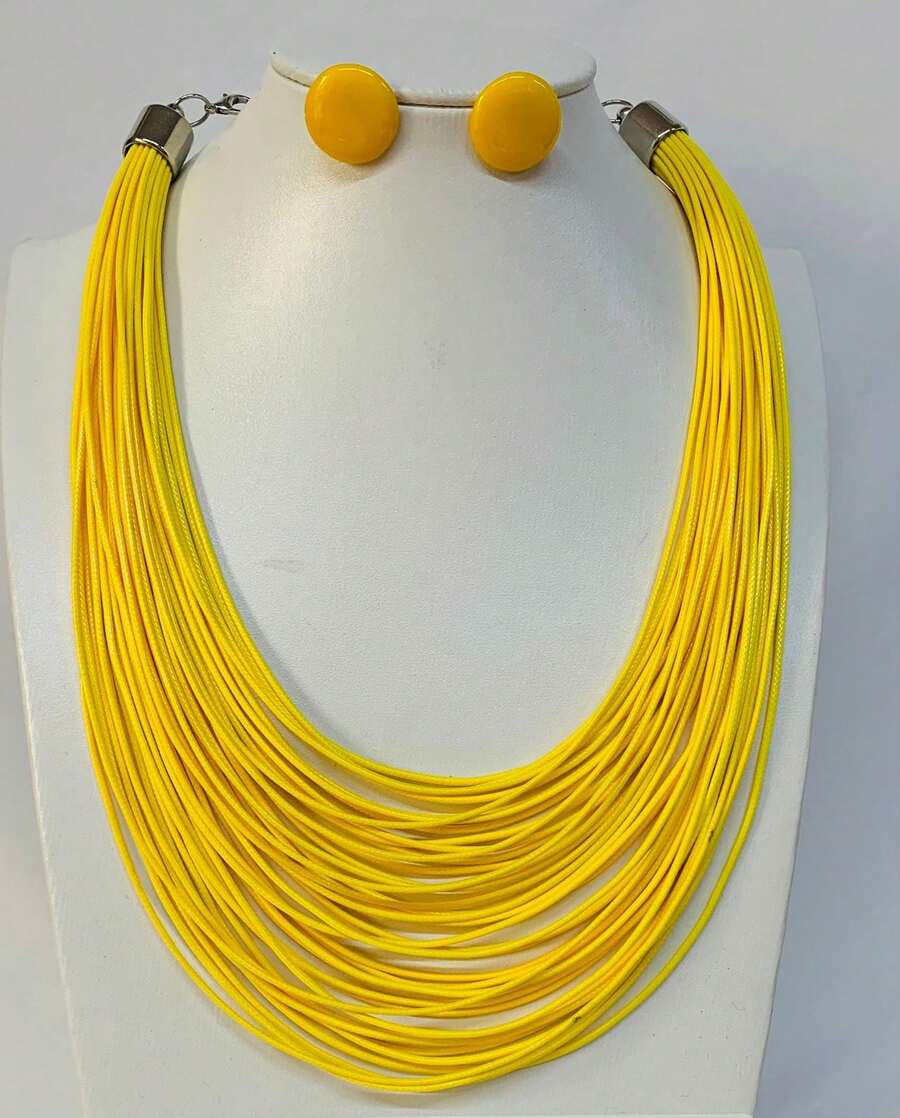 Maxi Waxed Multi-Strand Necklace Set With Button Earrings - 黃色 - 查看 1
