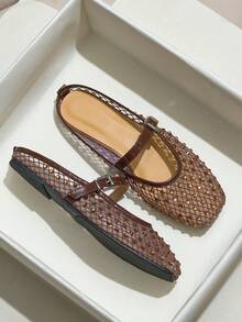 2026 New Plus Size Slip-On Slippers With Rhinestone Strap, Brown Square Toe Flat Casual Sandals, Lattice Mesh Breathable Slip-On Sandals For Women Summer - Brown - View 3