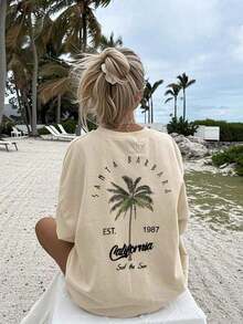 TopsWomen's Casual Round Neck Palm Tree & Letter Print Vacation Style Short Sleeve T-Shirt Top, White & Pink Women's Summer Cotton Short Sleeve T-Shir - 杏色 - 查看 12
