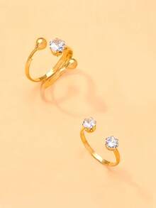 Bộ 2 chiếc nhẫn hở đính đá Cubic Zirconia, phụ kiện chụp ảnh phong cách hàng ngày, nhẫn đeo xếp lớp. - Vàng - Xem 2