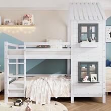 [29590567WAA] Bunk Bed With Handrail And Window, House-Style Bed, Children's Bed With Fall Protection And Railing, Pine Structure, White (90x200cm) [29590567WAA] - White - View 2