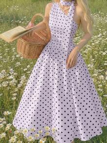 Vestido de verano de longitud media sin mangas con estampado de lunares elegante para mujer - Púrpura malva - Ver 3