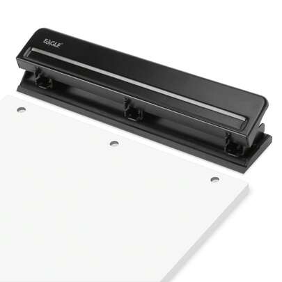 Eagle Perforadora de 3 agujeros para oficina, construcción totalmente metálica, capacidad de 12 hojas, perforadora pesada y duradera, bandeja fácil de limpiar, negro/rosa/azul