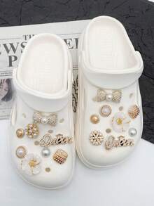 16 pièces Clips de chaussures polyvalents en or avec nœud et perle, décorations amovibles DIY pour chaussures de femmes, sandales, sacs de plage, convient pour les cadeaux de vacances et d'anniversaire - Doré - Voir 3
