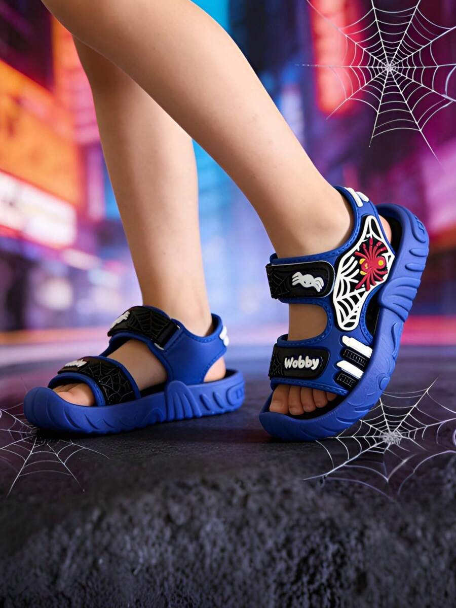 Spring/Summer Boys Head-Protective Anti-Kick Children's Cool Shoes With 3D Spider Cartoon Design, Soft Bottom, Breathable Flat Sole, Children's Shoes. - Blue - View 1