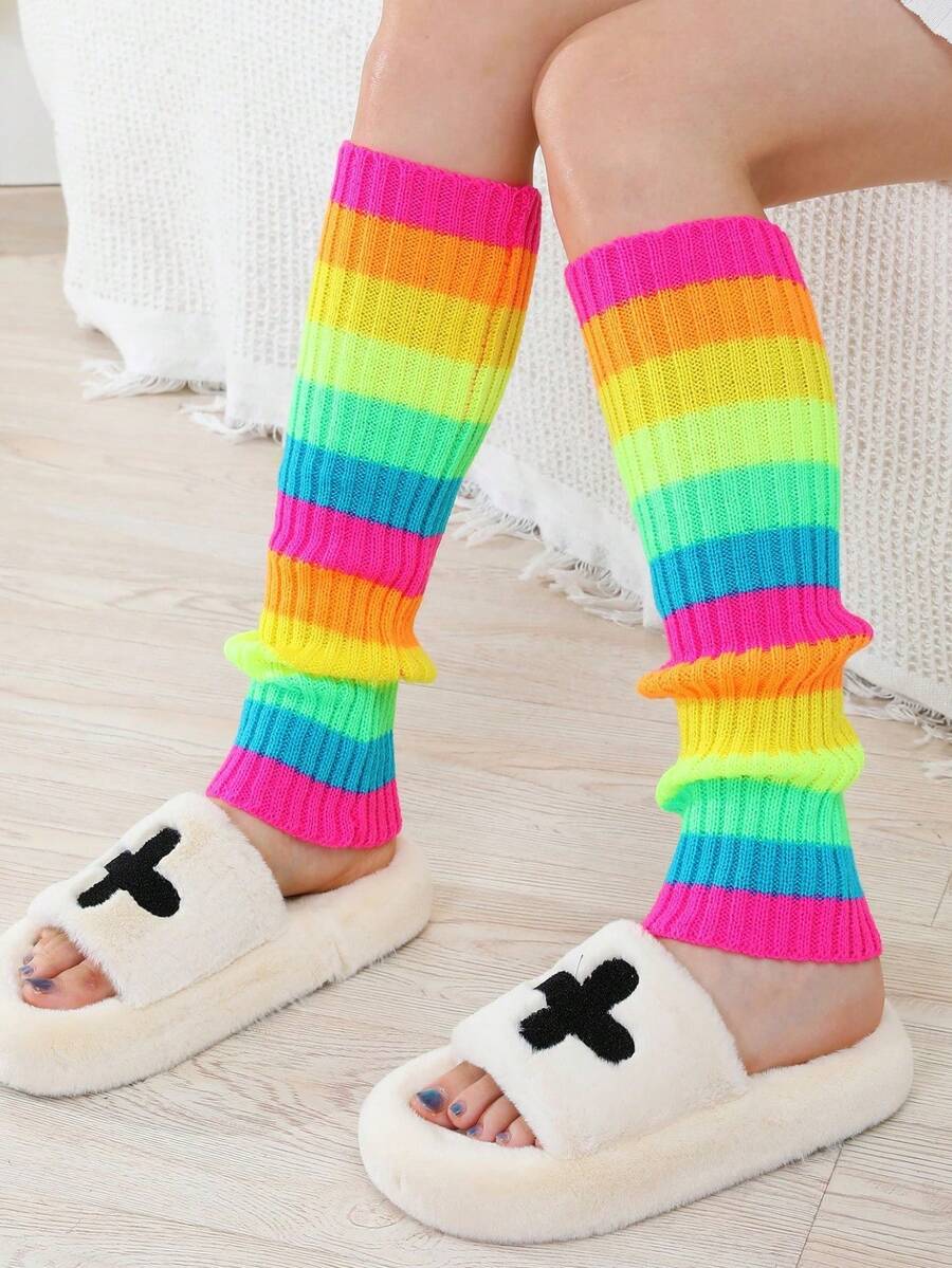 1 Pair Rainbow Leg Warmers, Versatile Ribbed Knit Leg Covers For Spring/Summer, Suitable For Ballet, Figure Skating, Yoga, Party, Neon Colors - Multicolor - View 1