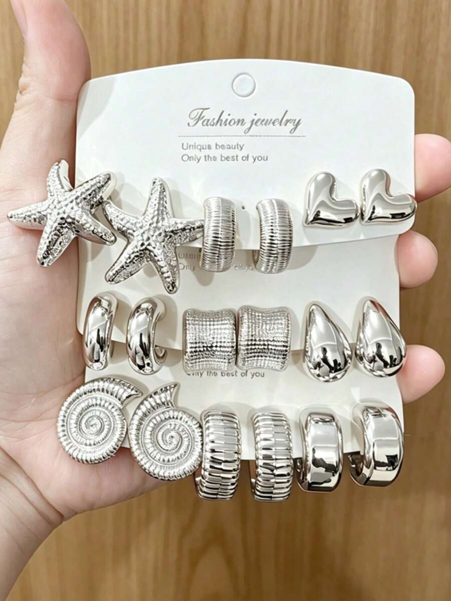 Bộ 18 chiếc bông tai bạc họa tiết Đại dương, chất liệu CCB, phù hợp cho nữ giới đeo hàng ngày. - Bạc - Xem 1
