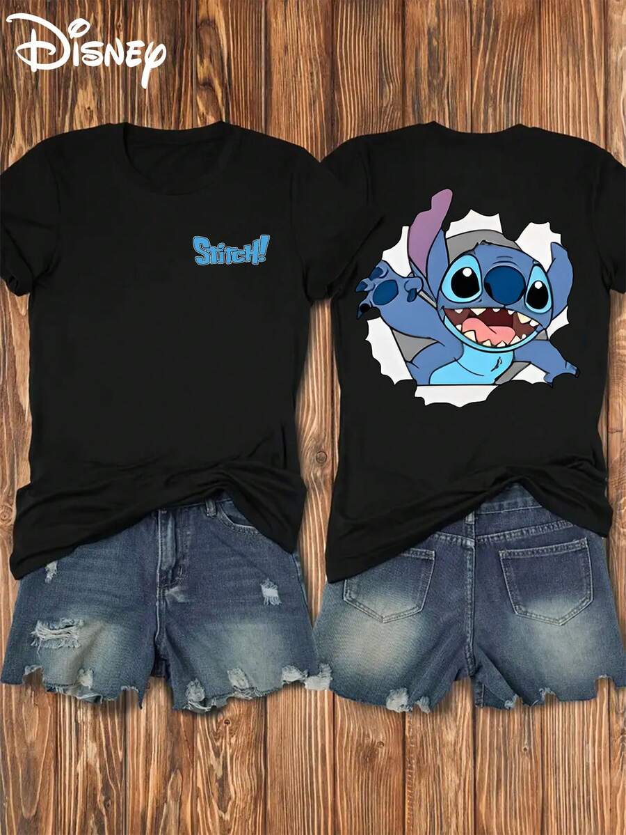 Disney Women's T-Shirt Stitch Print | Front And Back Prints, Soft And Elastic Casual Short Sleeved Top, Fashionable Short Sleeved Round Neck T-Shirt, Women'S Clothing - 黑色 - 查看 1