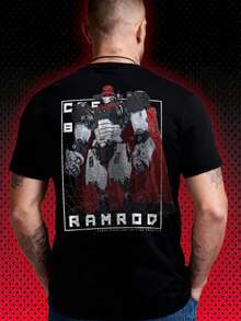 Unisex Fashionable Round Neck Patterned T-Shirt 100% Cotton Stickman Robot Print And Text Perfect Family Gift Popular Street Style Machine Washable 2026 New Model Hot Item, Cosplay - Black - View 5