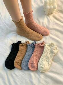 1/3/5 Pairs Summer Breathable Hollow Heart Short Socks/Boat Socks, Breathable & Non-Sweaty, Loose Ruffle Rim, Cute Japanese Style Pastel Color Versatile Women Ankle Socks, Summer Breathable Absorbent Soft Solid Color Japanese Style Women Shallow Boat Socks - Multicolor - View 3