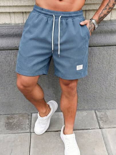 American Vintage Light Blue Corduroy Shorts, Men Loose Drawstring Casual Shorts,