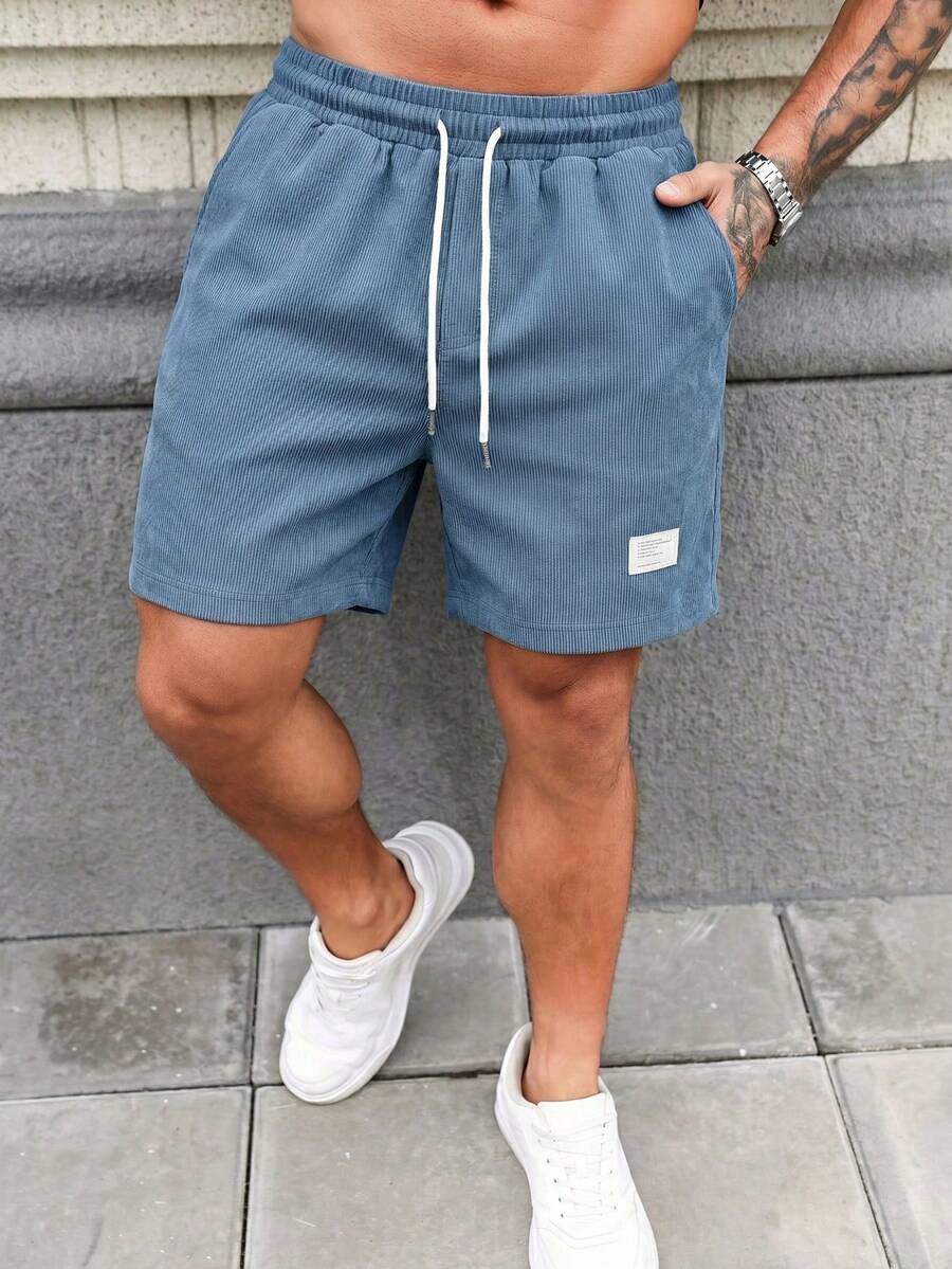 Pantalones cortos de pana azul claro estilo vintage americano, pantalones cortos casuales sueltos con cordón para hombres - Azul Marino - Ver 1