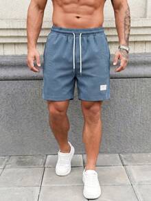 Pantalones cortos de pana azul claro estilo vintage americano, pantalones cortos casuales sueltos con cordón para hombres - Azul Marino - Ver 4