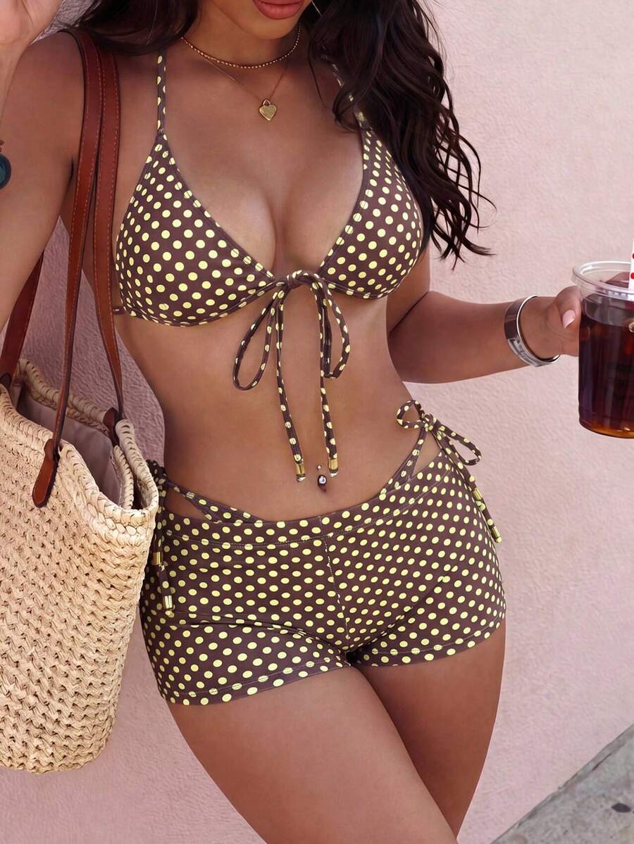 女士性感、时尚、简约、优雅、甜美三件套休闲浪漫沙滩旅行派对波点印花挂脖系带泳装套装，春夏新款度假装 - 咖色 - 查看 1