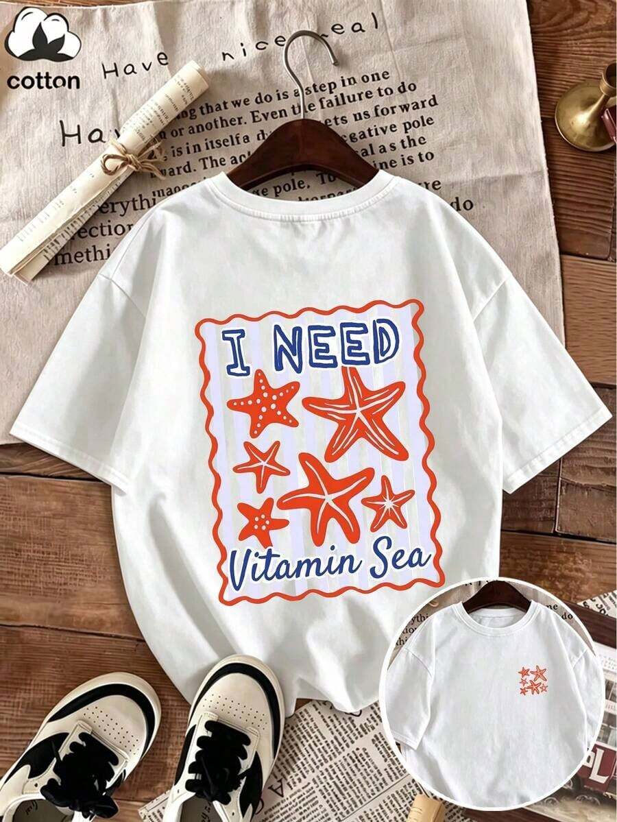 -Women's I Need Vitamins Starfish Print Shirt For Spring And Summer, 100% Cotton, Casual, Soft, Short Sleeves, Summer Top. - Weiss - View 1